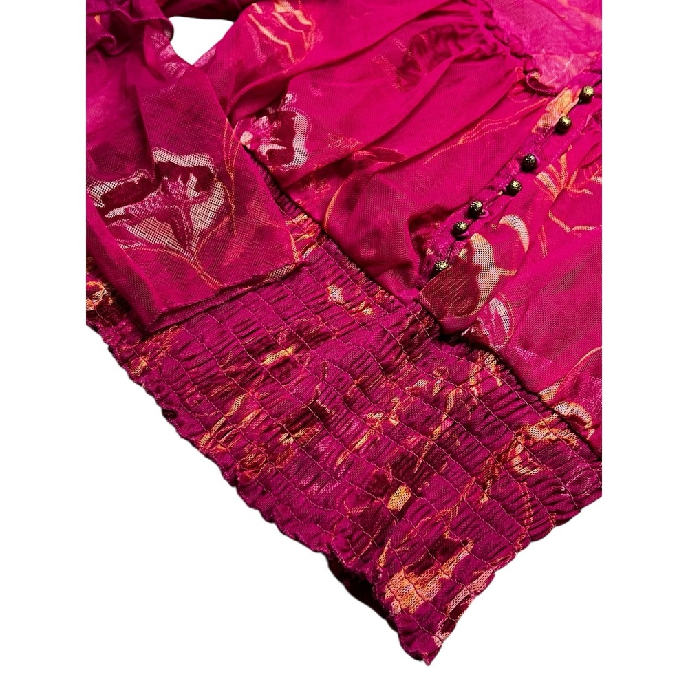 Free People‎ Blouse Womens Small Magenta Floral Sheer Mesh Smocked Ruffle Top - Picture 12 of 12